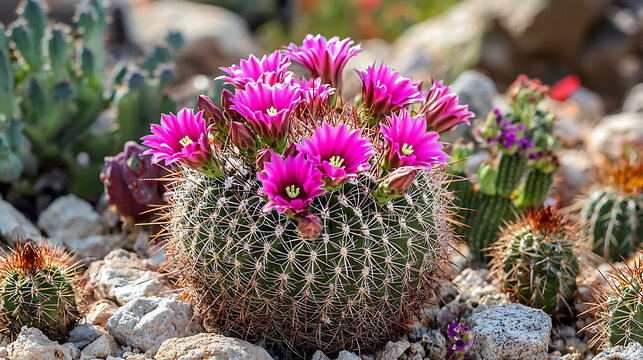 Mammillaria cactus with vibrant pink flowers blooming among protective spines in desert beauty - Powered by Adobe