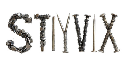 Title: Alphabet Letters Crafted from Metal Nails Arranged Creatively on White Background