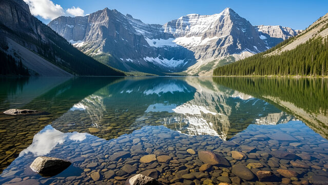 A scenic nature landscape featuring a snowy mountain peak reflected in the crystal clear water of a wilderness lake under a cloudy sky - Powered by Adobe