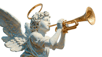Title: An Angel with Halo and Wings Playing Golden Trumpet on White Background