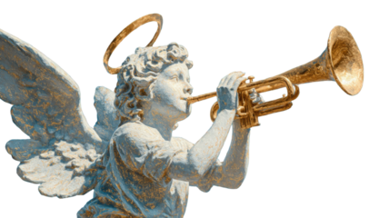 Title: An Angel with Halo and Wings Playing Golden Trumpet on White Background