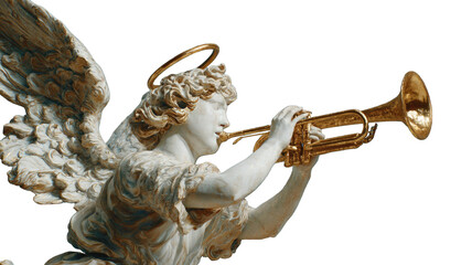 Title: An Angel with Halo and Wings Playing Golden Trumpet on White Background