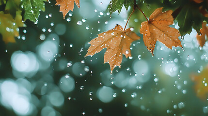 Raindrops falling on maple leaves creating a refreshing nature scene captured in close up style