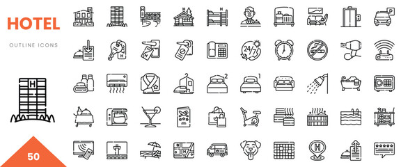 A collection of hotel-themed outline icons representing various amenities and services.