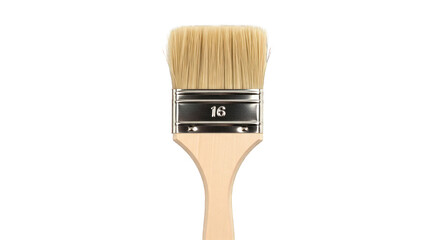 Close-up of a paintbrush with natural bristles and a wooden handle on a white background.