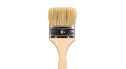 Close-up of a paintbrush with natural bristles and a wooden handle on a white background.