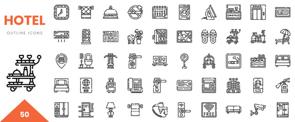 Collection of hotel outline icons showcasing various amenities and services.