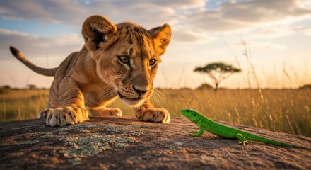 A lion cub curiously approaches a green lizard on a rock in a savannah at sunset.