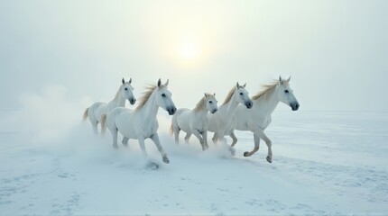 White Horses Running in Winter Snow Landscape