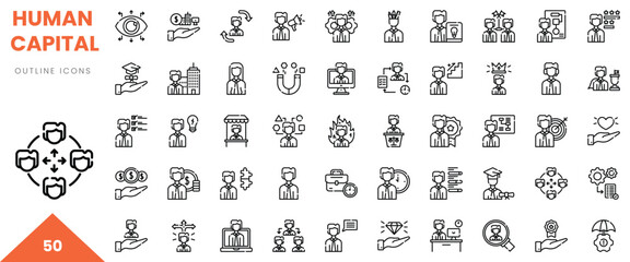 A collection of 50 outline icons representing human capital concepts in a minimalist design.