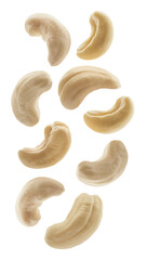 Falling cashew nut isolated on transparent background, clipping path