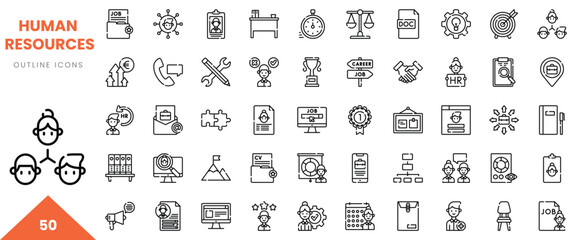 A collection of black outline icons representing various human resources concepts and activities.