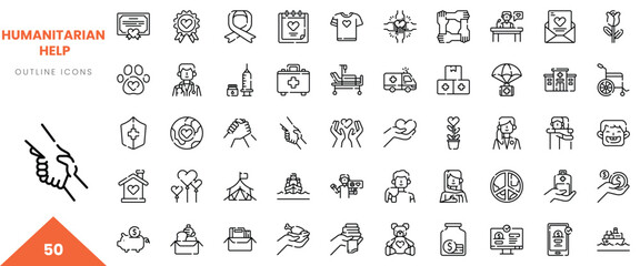 Collection of humanitarian help outline icons depicting care and support themes.