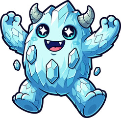 jubilant frost gem creature celebrates with enthusiastic, happy jump