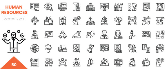 A collection of 50 outlined icons representing human resources concepts and roles.