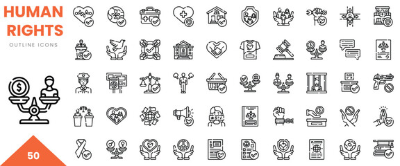 A collection of 50 outline icons representing human rights, including themes of equality, justice, and health.