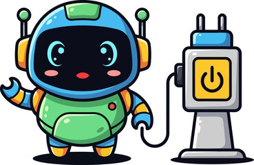 friendly robot receives vital energy, eagerly awaiting future digital adventures