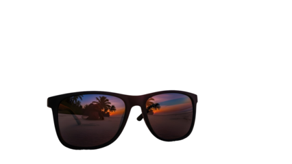 Stunning tropical sunset reflecting perfectly in dark framed sunglasses against a stark black background
