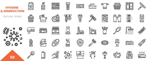 A collection of hygiene and disinfection icons in a minimalist outline style.
