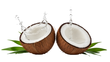 Stunning dynamic water splash captured over fresh halved coconuts with vibrant green leaves on black