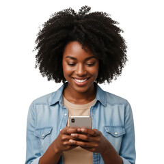 Smiling woman with afro looking at her smartphone screen isolated on transparent background