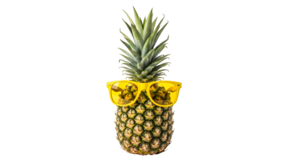 Stunning pineapple wearing bright yellow sunglasses against a dramatic black background for a fun summer vibe