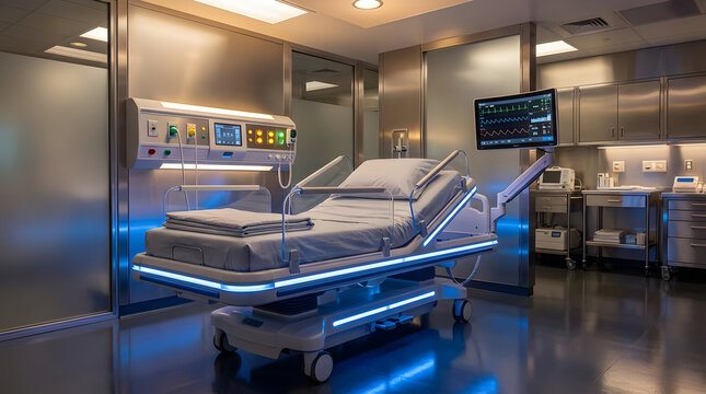 Stunning futuristic hospital room with advanced patient monitoring and glowing bed - Powered by Adobe