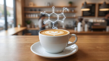 Hyper-realistic close-up of latte art in white ceramic cup on wooden table in cozy café environment with chemical formula overlay and blurred background