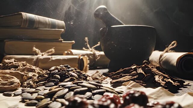 Mystic Medicine: Cinematic Dolly Shot of Dried Roots and Seeds
