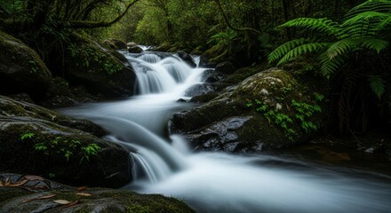 Obraz premium Cascading Waterfall and Smooth Water Flow in Lush Green Rainforest
