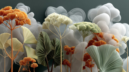 Artistic fog shapes blend with diverse plant forms, creating serene and mystical atmosphere