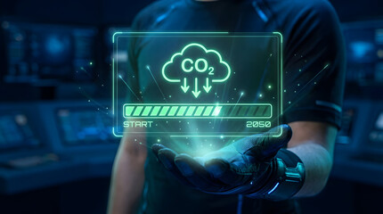 Innovative Environmental Technology Displaying CO2 Reduction Concept Held by Person in Futuristic Setting with Digital Interface