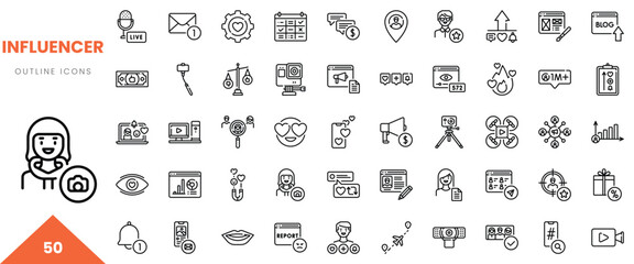 A collection of outline icons representing influencer-related activities and tools.