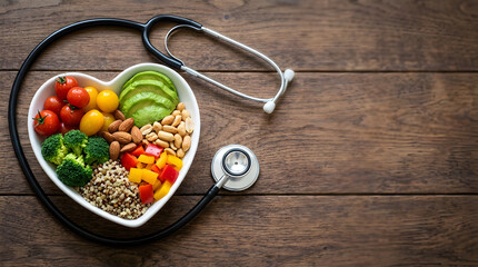 Nourish your heart with a vibrant healthy food bowl next to a doctor's stethoscope