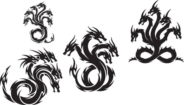 Fierce Tribal Hydra Multi-Headed Dragon Serpent Vector Tattoo Set