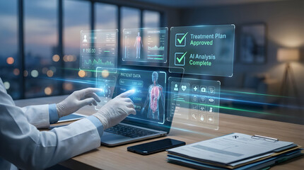 Interactive Digital Interface Usage by Medical Professional in Modern Office Environment Featuring Advanced Health Data Visualization
