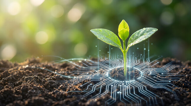 Growth of a young green sprout in fertile soil with digital eco-tech circuit overlay, close-up nature technology concept, macro viewpoint