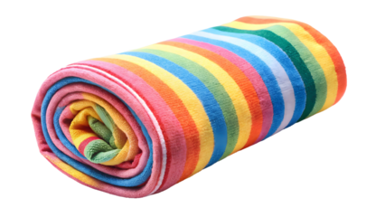 Vibrant rolled rainbow striped beach towel ready for summer vacation relaxation against a clean black background