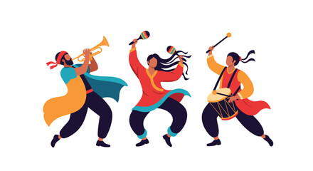 A diverse group of three musicians and dancers performing with traditional instruments in colorful festive attire.