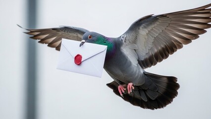 Express delivery with wings, a carrier pigeon delivering an important sealed letter, symbolic of communication, speed and reliable service, a classic trusted method