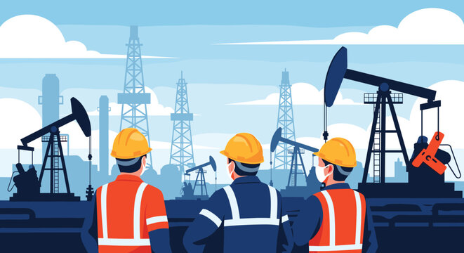 Three oil workers in hard hats and face masks look at an oil field with multiple pumpjacks and drilling rigs under a blue sky.