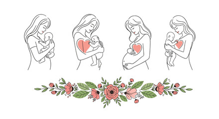 Beautiful line art illustration depicting the loving bond between mothers and their babies, celebrating maternity and family with a floral border.