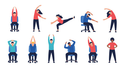 Diverse people perform ergonomic office stretches and exercises, both seated and standing, to promote health and combat sedentary work.