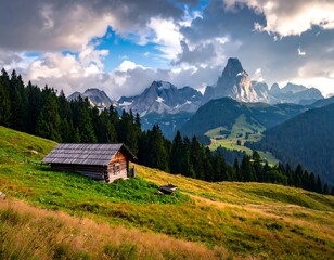 Scenic shot of a wooden cabin in a meadow with stunning mountain range backdrop