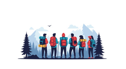 A diverse group of six friends with backpacks stands together, admiring the majestic mountain landscape and dense forest during their hiking adventure.