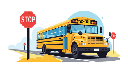 A bright yellow school bus with a 'SCHOOL' sign on its front is parked on a road next to a large stop sign, emphasizing student safety during transportation.