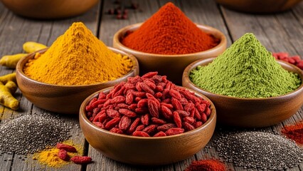 Vibrant collection of superfood powders and goji berries in wooden bowls arranged on rustic wood surface, perfect for healthy eating and wellness content