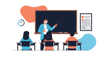 A masked teacher gives a lesson to students in a classroom, illustrating the new normal for education during a pandemic.