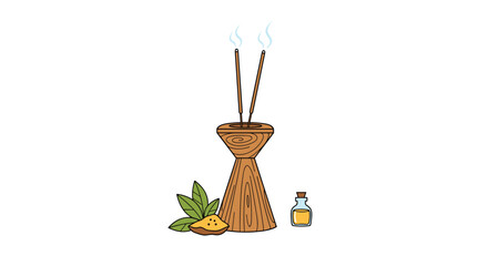 Aromatherapy setup with burning incense sticks, herbal powder, leaves, and essential oil for relaxation and meditation.