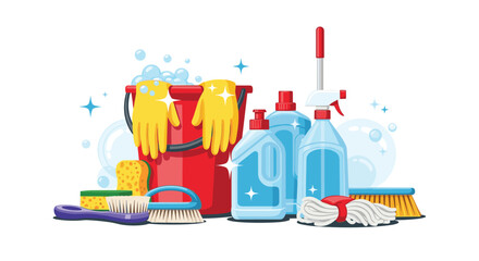 A collection of essential cleaning supplies, including a red bucket, yellow gloves, sponges, brushes, mop, and various cleaning solution bottles.